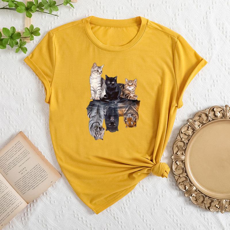 Summer Women's Three Cat Printed Loose Round Neck Casual Cotton Short Sleeves T-Shirts Women's