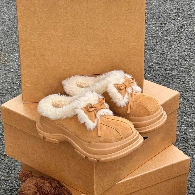 Ugly cute platform cotton slippers women's 2025 autumn and winter new velvet warm snow boots bow fluffy shoes Northeast cotton shoes