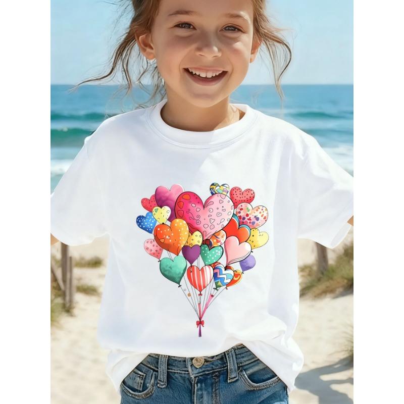 European sizes New Children s Super Cute Girls Fun Cartoon Heart Balloon T-Shirt, Round Neck Patchwork Short Sleeve Top 110 белый