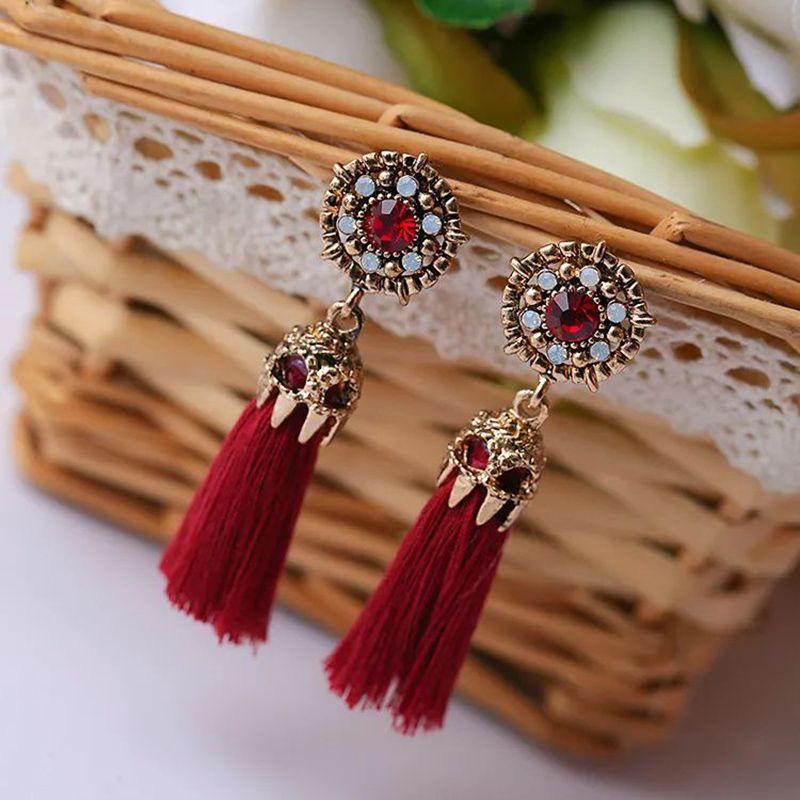Korean Rhinestone Tassel Earrings for Women красный