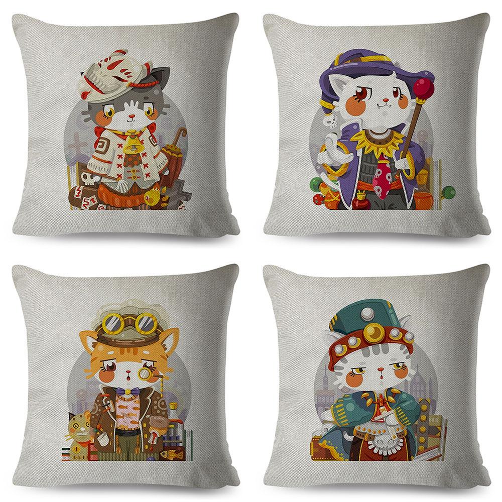 Adorable Cat Character Cushion 45x45cm Original Fantasy Theme Illustration High Resolution Print Woven Fabric Cover
