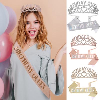 Narozeninová královna Tiara Sash Set Drahokamenový hřeben šerpa Happy Birthday Sash Slavnostní pokrývka hlavy pro ženy Party Dekor