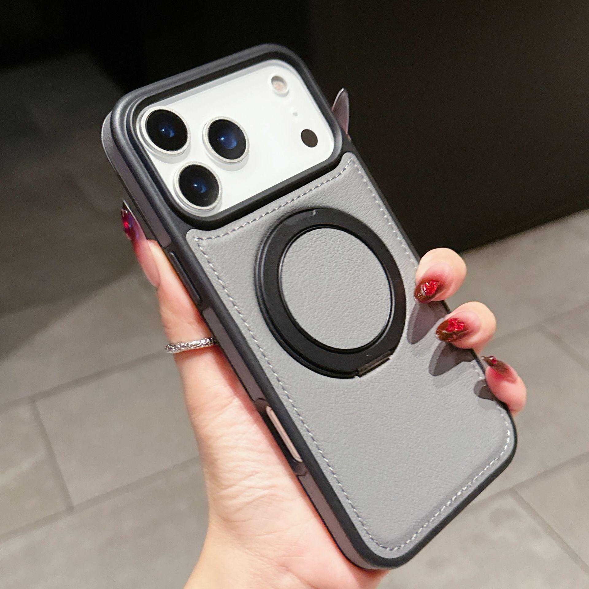 

Phone Case for iPhone 16 Pro Max 17 Air 16e 15 Plus 14 13 Promax 12 11 Rotating Alloy Bracket Ring Strong Magnetic Leather Cover iPhone 11 Pro Max сірий колір