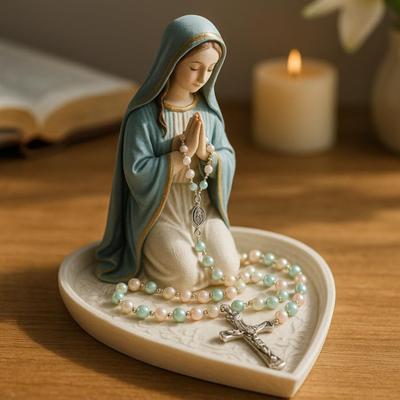 Virgin Mary Rosary Holder Resin Mary or Jesus Figurine Jewelry Dish Our Lady Prayer Rosary Dish Religious Gift Catholic Decor for Home Bedroom