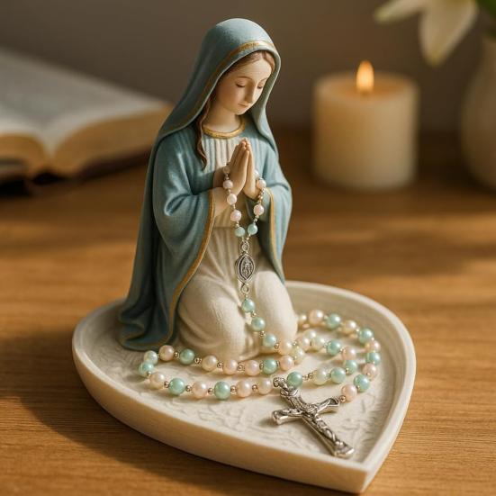 Virgin Mary Rosary Holder Resin Mary or Jesus Figurine Jewelry Dish Our Lady Prayer Rosary Dish Religious Gift Catholic Decor