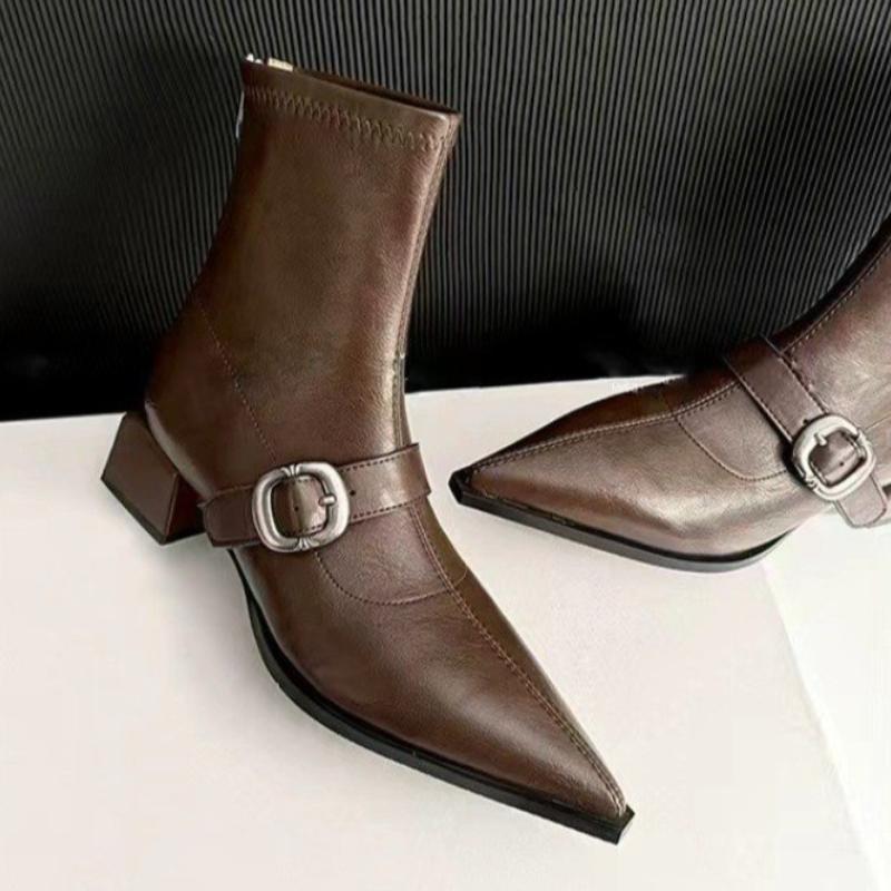 2025 New Fall New Pointed Toe Side Zipper Metal Buckle Soft Sole Anti-slip Wear-resistant Square Heel Booties