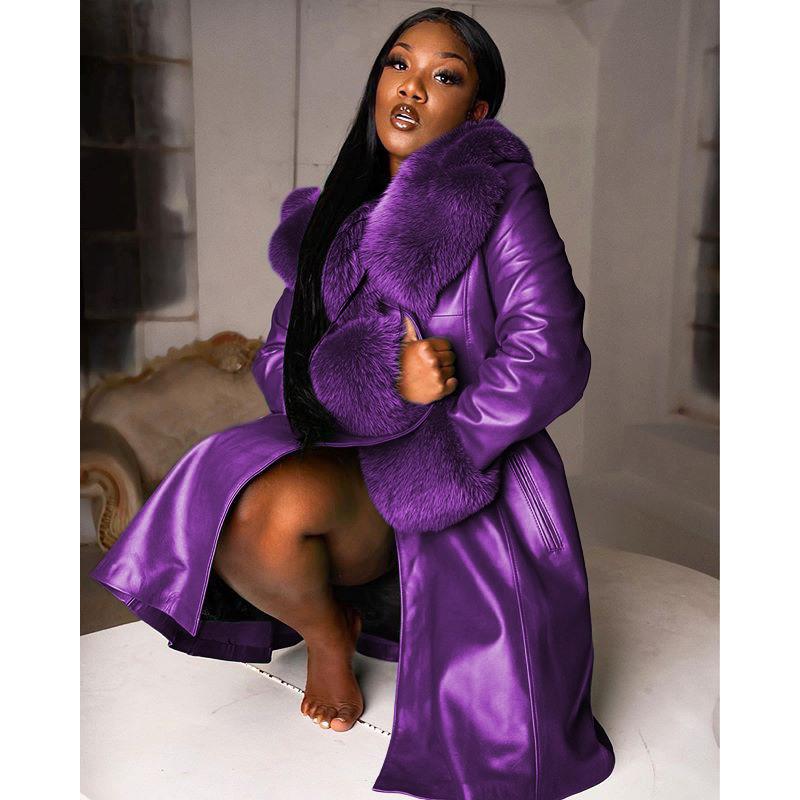 

Осенне-зимнее длинное пальто с воротником-лацканом, воротник-свитер, темпераментное женское пальто из искусственной кожи на молнии S фиолетовый