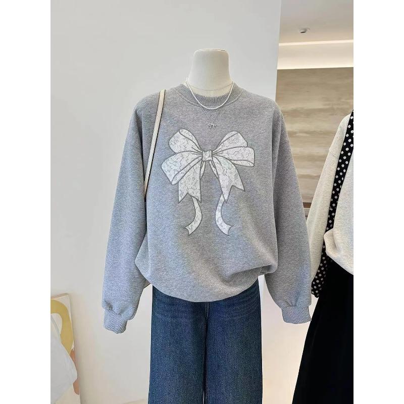 Lace Embroidered Bow Autumn Korean Style Versatile Long-sleeved Pullover Round Neck Sweatshirt Casual Women's Top