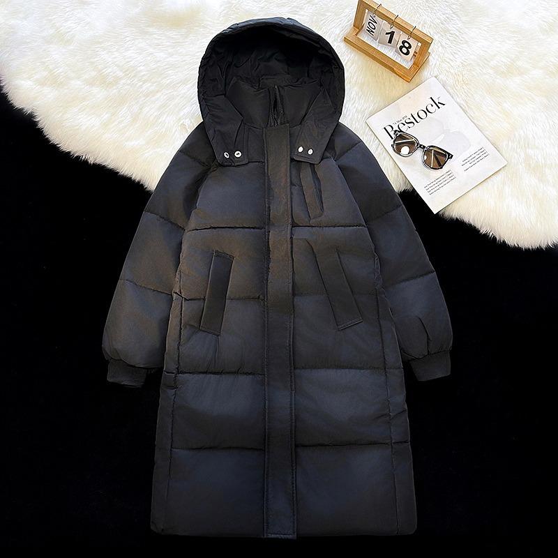 

2024 Unisex Mid-Length Hooded Padded Coat - Thick, Warm, Solid Color Winter Jacket L чёрный