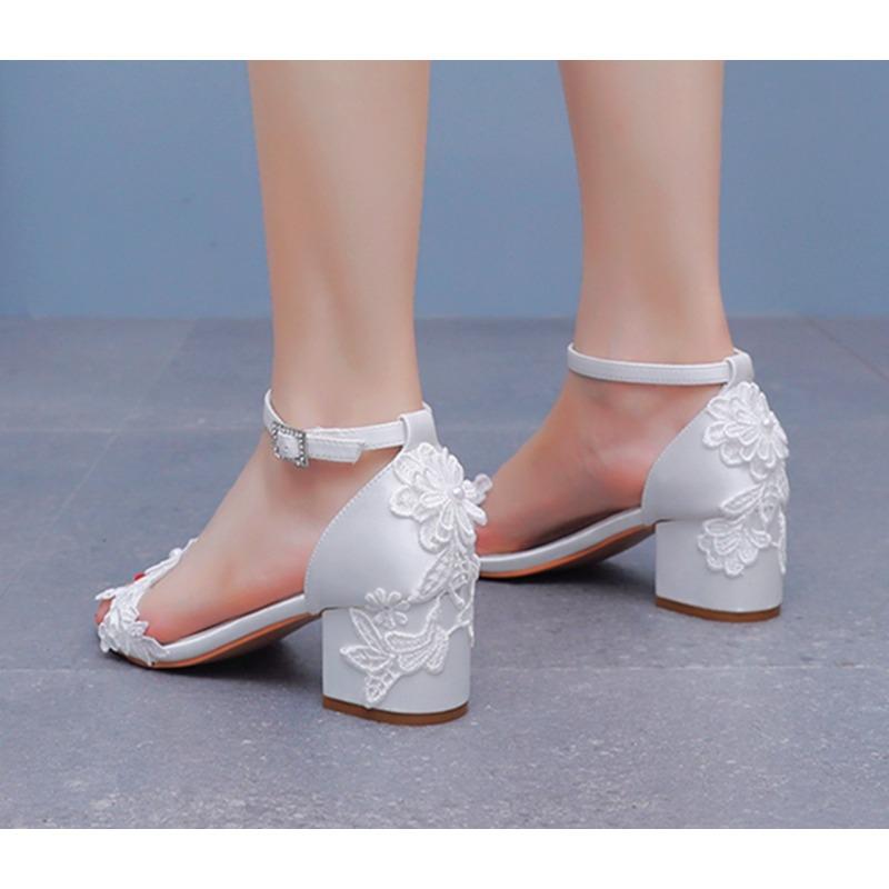 5cm Square Heel Sandals White Lace Flower Bridal Shoes Women