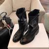 Women's 2025 Autumn/Winter Retro Western V-Cut Round Toe Mid-Calf Chunky Heel Boots