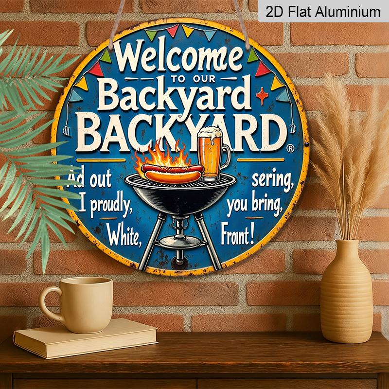 2D Flat, 1pc 7.87" Round Aluminum Sign with "Barbecue Party Beer Garden" Vintage Decorative Plaque, Yard BBQ Beer Theme Aluminum 2D Decoration Plate