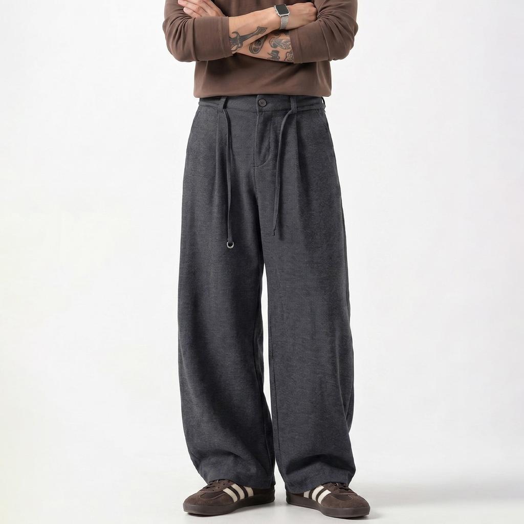 | Retro Old Money Woolen Trousers Men's Autumn Silhouette Loose Casual Pants Texture Thin Belt Trousers