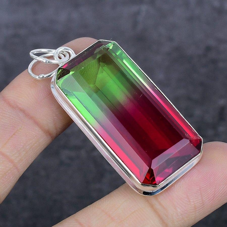 Bi-Color Tourmaline Gemstone 925 Sterling Silver Jewelry Pendant 2.17" U1l28