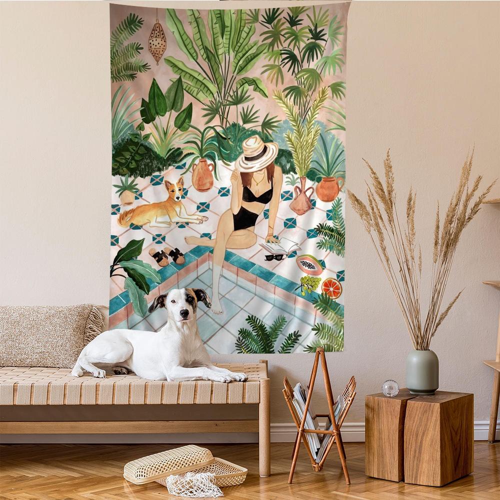 

Scandinavian Summer Tapestry Tropical Watercolor Pool Holiday Mori Garden Cute Art for Living Room Room Decoration 74x94cm(29x37in)
