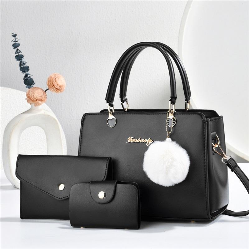 Fashion 3-in-1 Ladies Handbag Set, Cute Pom Pom Multiway Shoulder & Crossbody Daily Bags