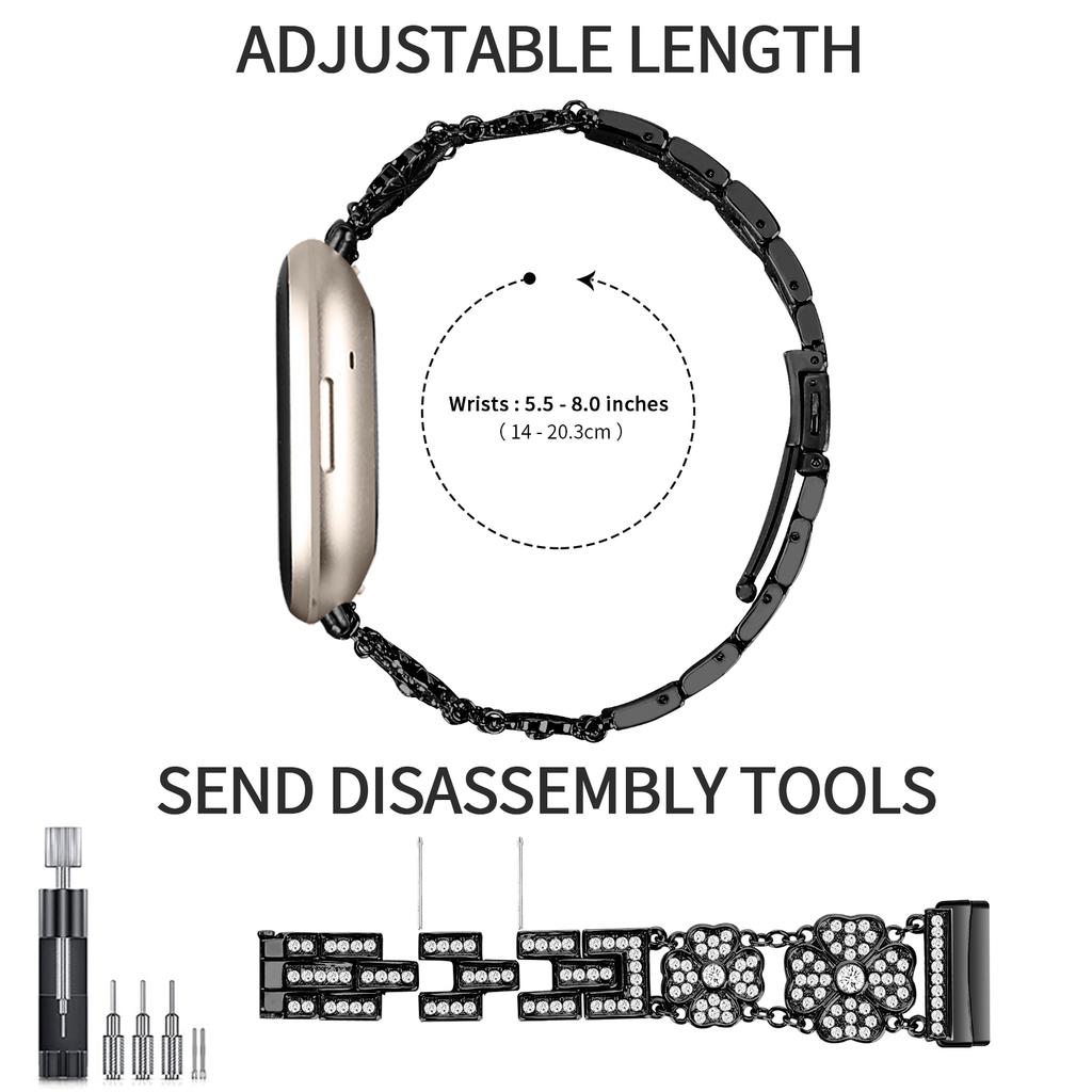 For Fitbit Versa 4/Sense 2 Watch Strap Rhinestone Decor Replacement Steel Wrist Band