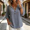 Women Tops Loose Fit V Neck 3/4 Sleeves Pullover Tops Button Decor Pure Color Summer Casual T-shirt Daily Wear