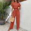 2025 European and American Cross-border Explosion Independent Station Summer Elegant Solid Texture Wrinkled Collar Short-sleeved Top Trousers Set