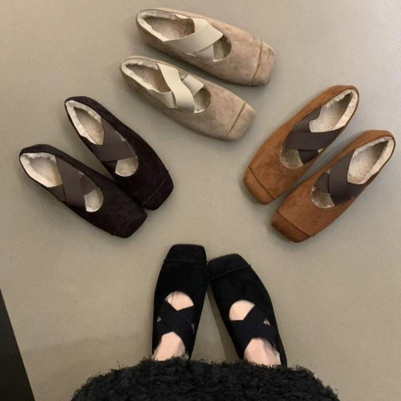 2024 Women's Flat Suede Cross Strap Elastic Band Solid Color Ballet Flats Square Toe Plus Velvet Warm Slip-on Women's Shoes