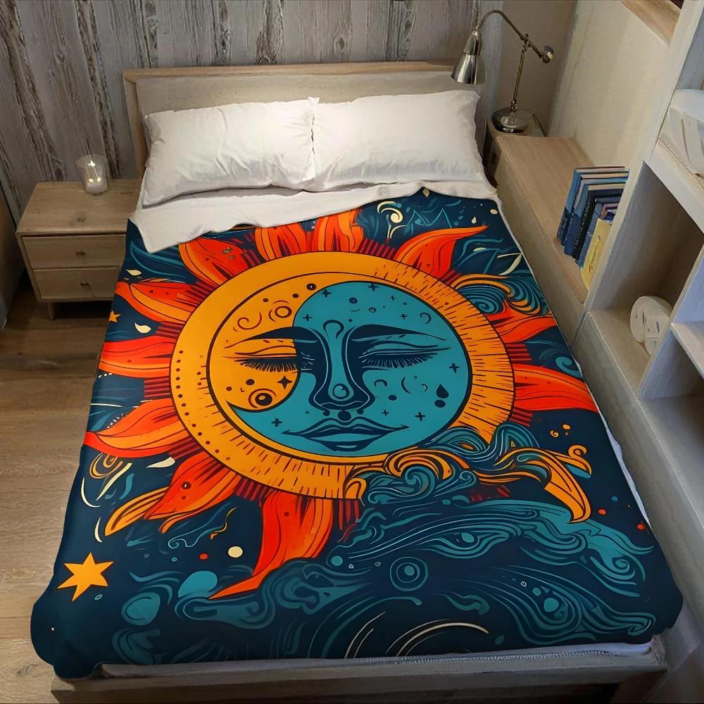 Sun & Moon Tribal Flannel Blanket Warm Soft Halloween Christmas Couch Warm Cozy Decorative Decor Gift for All Season