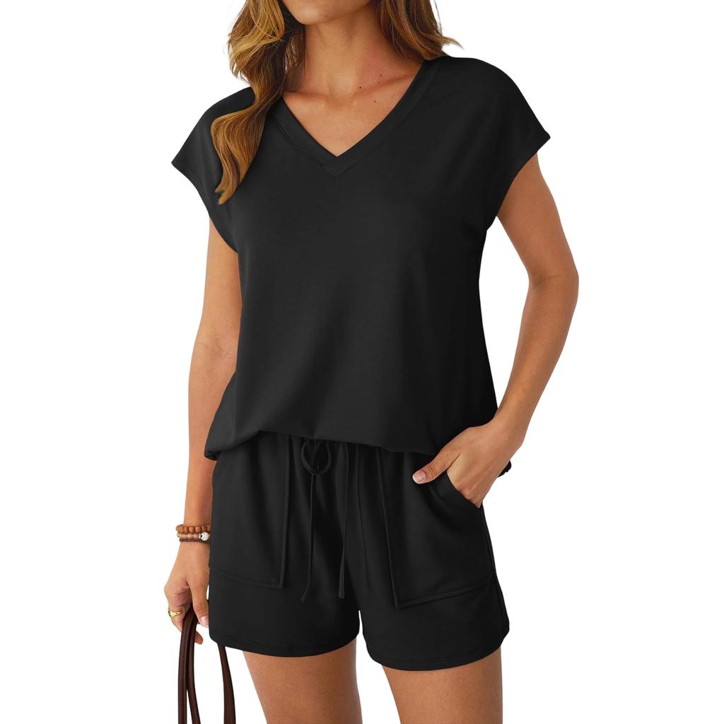 Women V Neck Short Sleeve Top and Shorts Set Casual Two Piece Outfits Soft Fabric Drawstring Waist Loungewear Suit