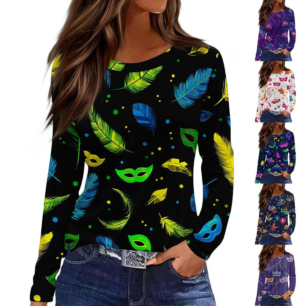 Women's Fashionable Carnival Print Round Neck Long Sleeve Top With Slit Hem
