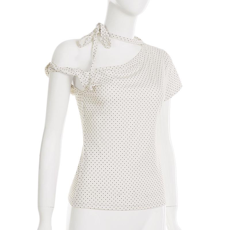 2025 Summer Off-Shoulder Polka Dot Lace-Up T-Shirt - Trendy Girly Style