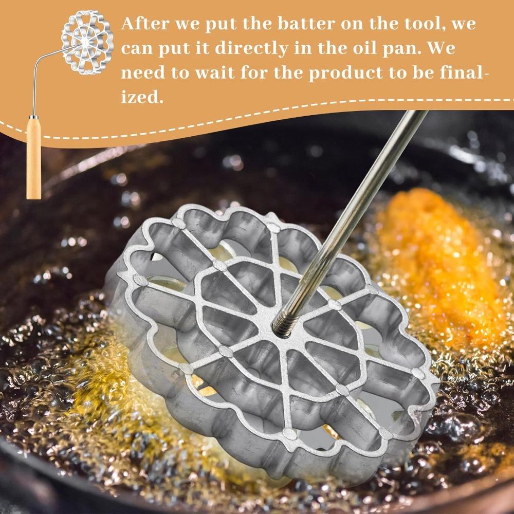 3pcs Bunuelos Mold with Handle Aluminum Achappam Mold Rosette Maker Kit Cookie Cake Tool Cast Waffle Rosette Iron Set Cooking Stamp Maker Kit