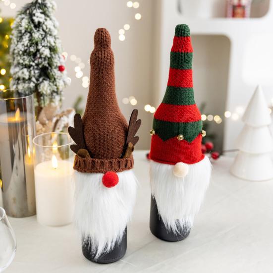 Christmas Wine Bottle Cover Knitted Plush Gnome Wine Bottle Topper Cover for Christmas Dining Table Decor New Year Party Supplies