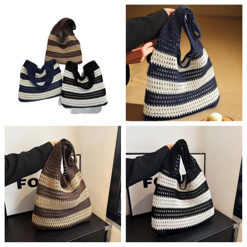 Color Block Knitted Tote Bag for Women Casual Striped Crochet Shoulder Bag Lightweight Large Capacity Beach Bag