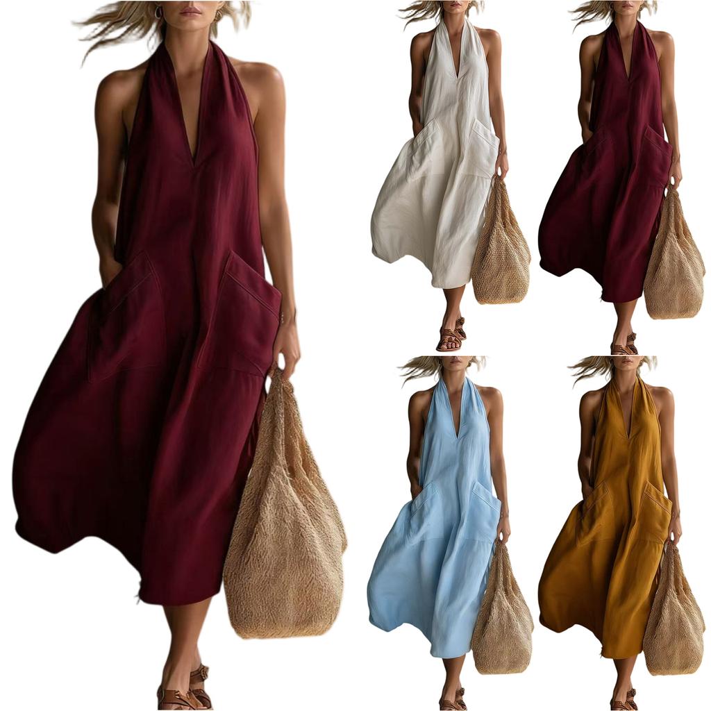 Women’s Neck Sleeveless Loose Fit Midi Dress with Pockets Casual Summer A Line Sundress for Daily Wear Beach Holiday