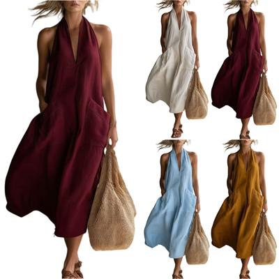 Women’s Neck Sleeveless Loose Fit Midi Dress with Pockets Casual Summer A Line Sundress for Daily Wear Beach Holiday