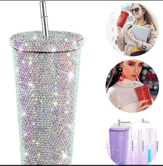 

Термос-чашки Diamond объемом 500 мл с соломинкой и крышкой, двухслойные термокружки из нержавеющей стали со стразами, блестящая бутылка для воды 500ml