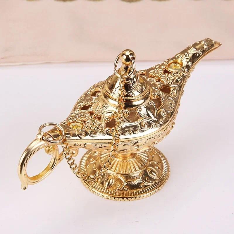 Elegant Vintage Metal Carved Aladdin Lamp Light Wishing Tea Oil Pot Decoration Collectable Saving Collection Art Craft Gift Prop
