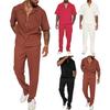 Yousheng 2Pcs/Set Men Outfit Lapel Short Sleeve Single Breasted Shirt Elastic Waist Long Pants Set Solid Color Loose Fit Casual Outfit