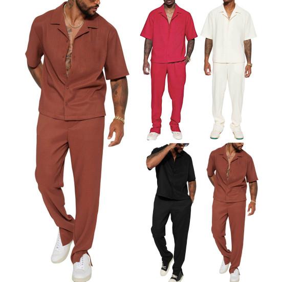 Yousheng 2Pcs/Set Men Outfit Lapel Short Sleeve Single Breasted Shirt Elastic Waist Long Pants Set Solid Color Loose Fit Casual Outfit