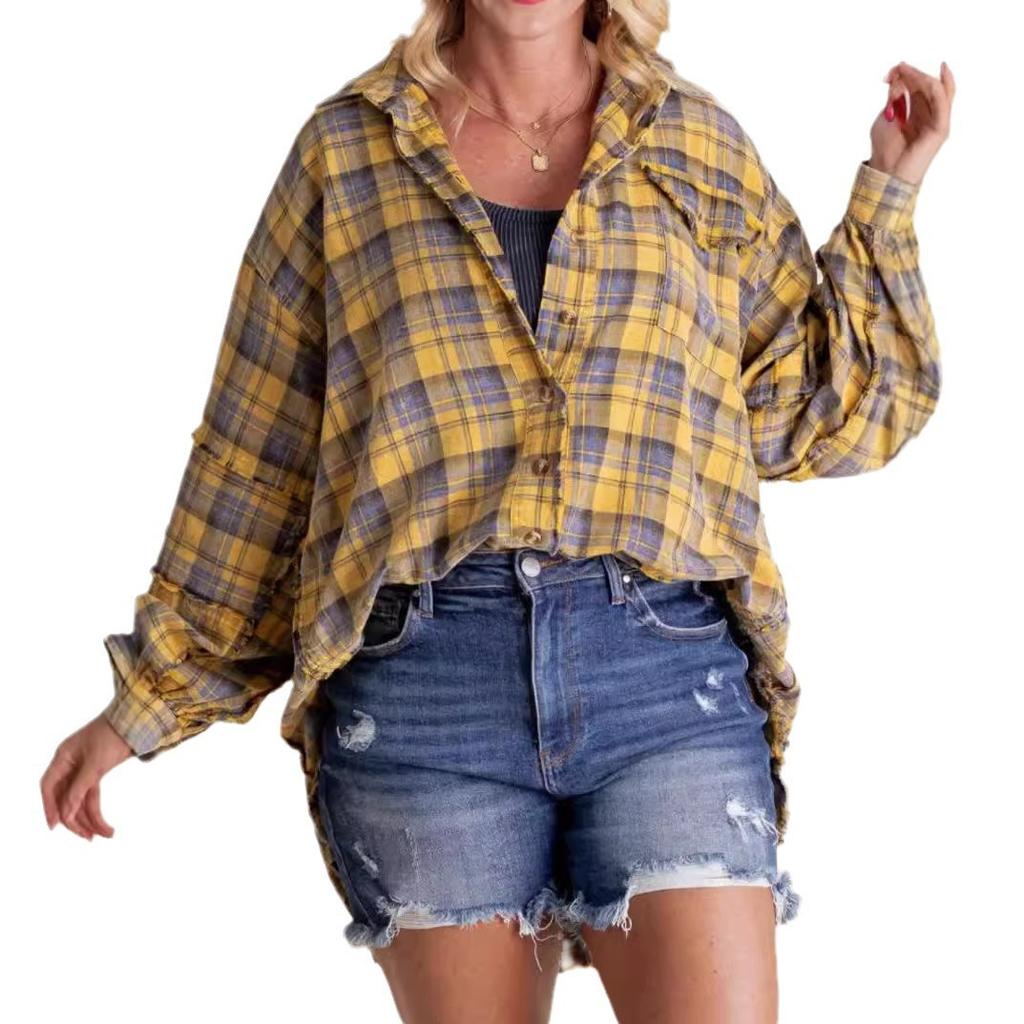Womens Autumn and Winter Updated Style Rosted Lantern Sleeve Comfortable Fit Plaid Blouse
