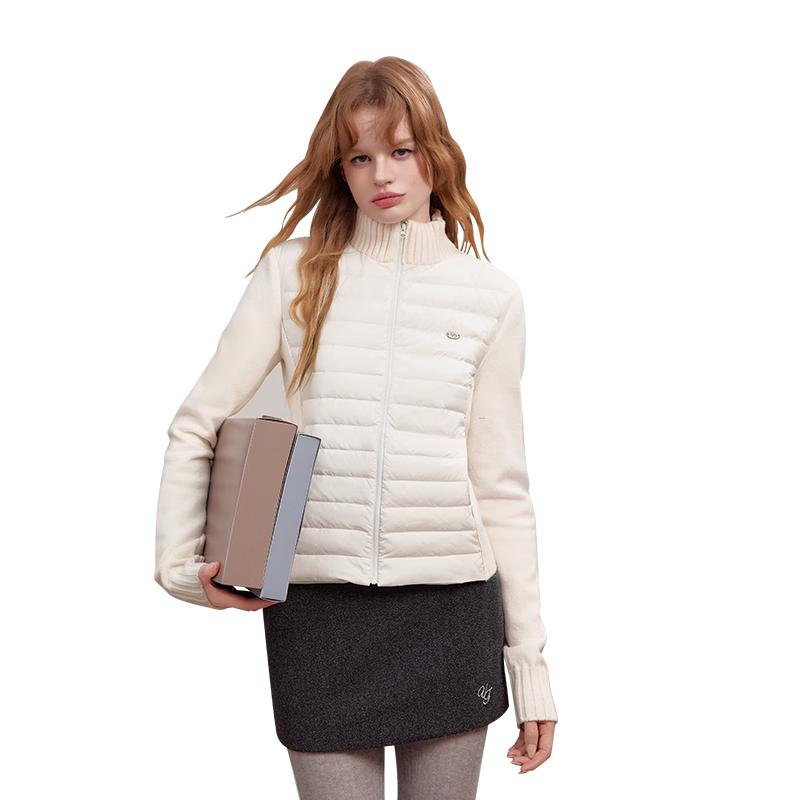 UNIFREE Women s Stand Collar Knitted Patchwork Down Jacket S