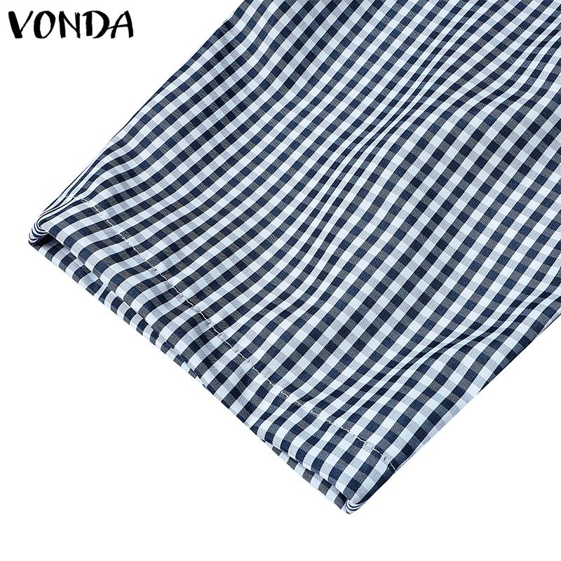 VONDA Women Lapel Neck Long Sleeve Plaid Casual Long Jumpsuits Overalls