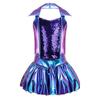 Children‘s Glitter Front Sequins Halter Sleeveless Backless Metallic Shiny Top with Skirt for Stage Show Recital Costume