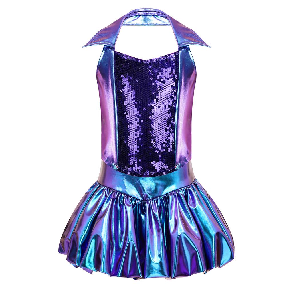 Children‘s Glitter Front Sequins Halter Sleeveless Backless Metallic Shiny Top with Skirt for Stage Show Recital Costume