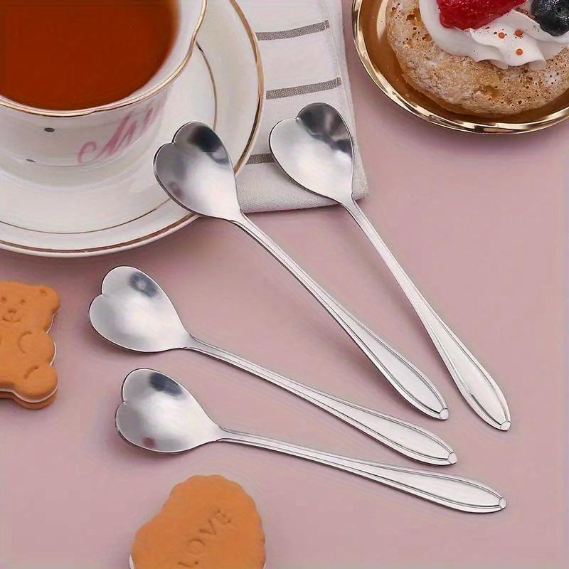 4pcs Polished Stainless Steel Heart Shaped Coffee Spoons Mixing Stirring Flatware for Cafe Bar Drinkware Tableware Accessories