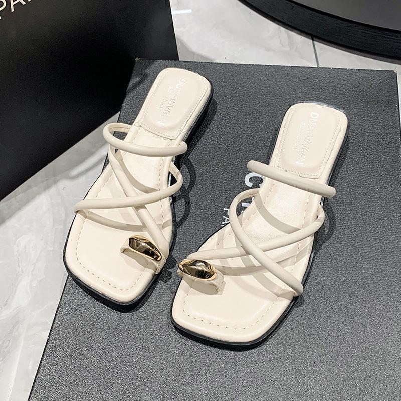 Outer Cover Toe Slippers Women's Summer New Fashion Versatile Thick Bottom Cross Belt Low Heel Beach Sandals