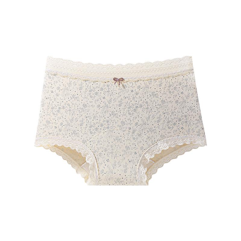 Female Spring and Autumn Vintage Floral Pure Cotton 10A Antibacterial Crotch Skin Friendly Breathable Stretch Mid Waist Flat Angle Panties