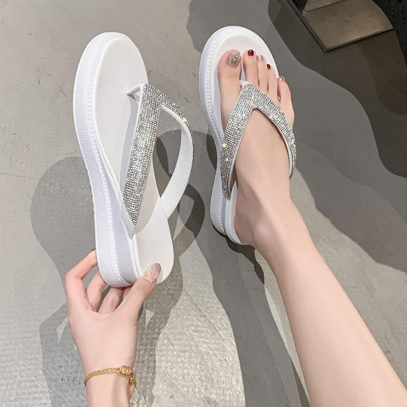 Large size flip-flops 2025 new summer slope heel cool slippers fashionable rhinestone outer wear toe slippers women