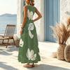 U-Neck Summer Long Dress,Loose Fit Lightweight Flowy Maxi Skirt Fashion Versatile,Ideal for Beach Vacation & Daily Casual