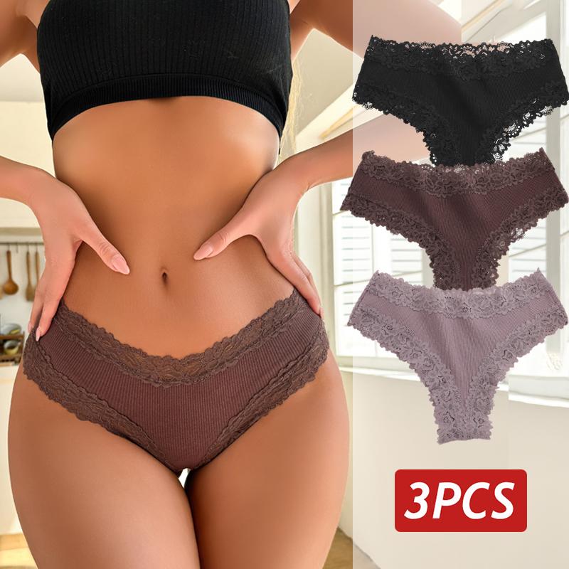 3PCS/Set Sexy Lace Panties for Women Cotton Brazilian Panties Female Low Rise Breathable Underwear Solid Colors Floral Lingerie