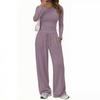 Womens 2-Piece Casual Set Long Sleeve Top Wide Leg Pants Solid Color Daily Wear