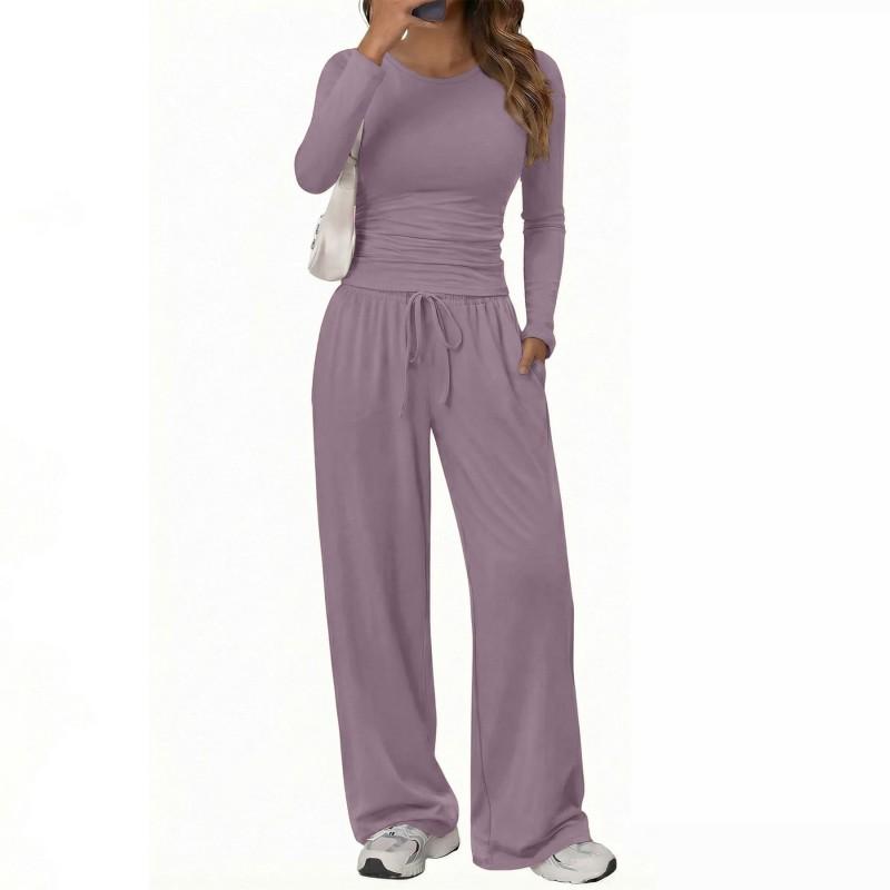 Womens 2-Piece Casual Set Long Sleeve Top Wide Leg Pants Solid Color Daily Wear